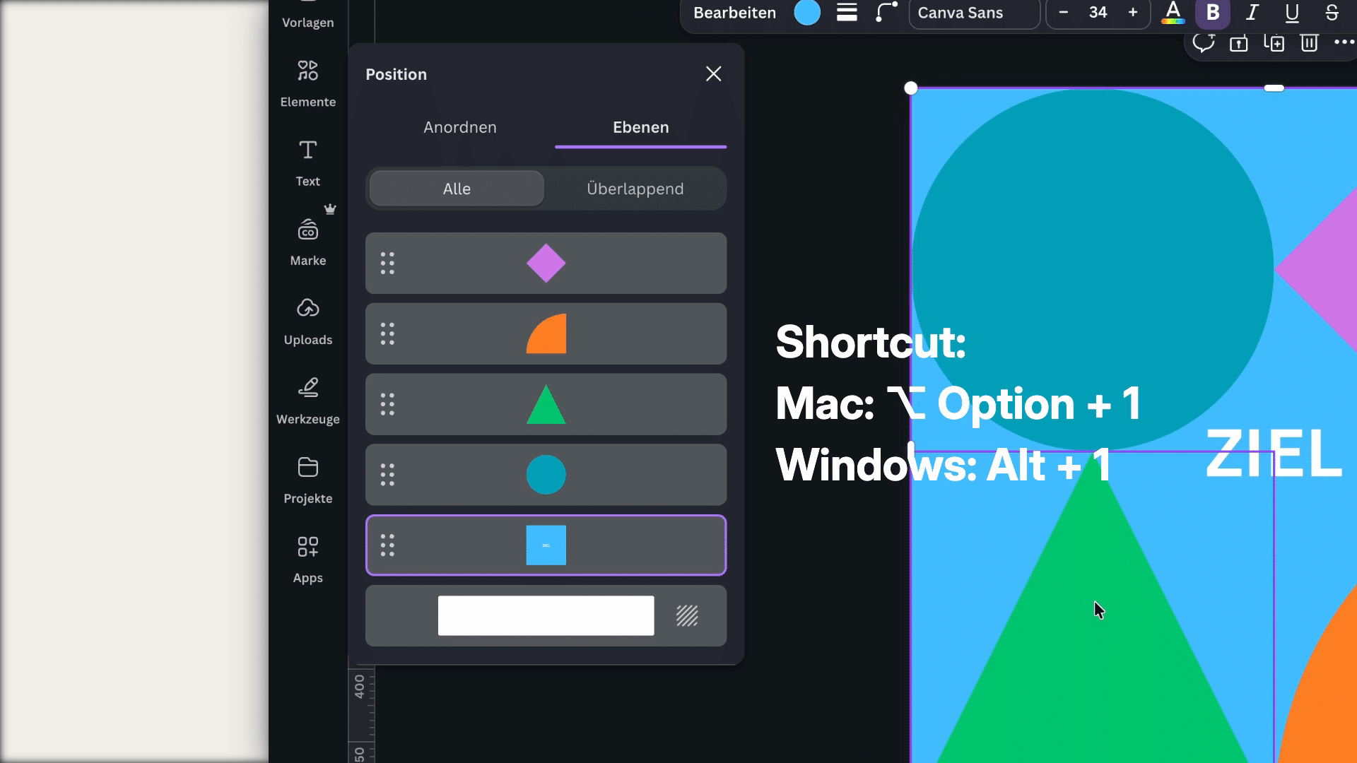 Canva-Ebenenpanel mit eingeblendetem Shortcut für Mac und Windows