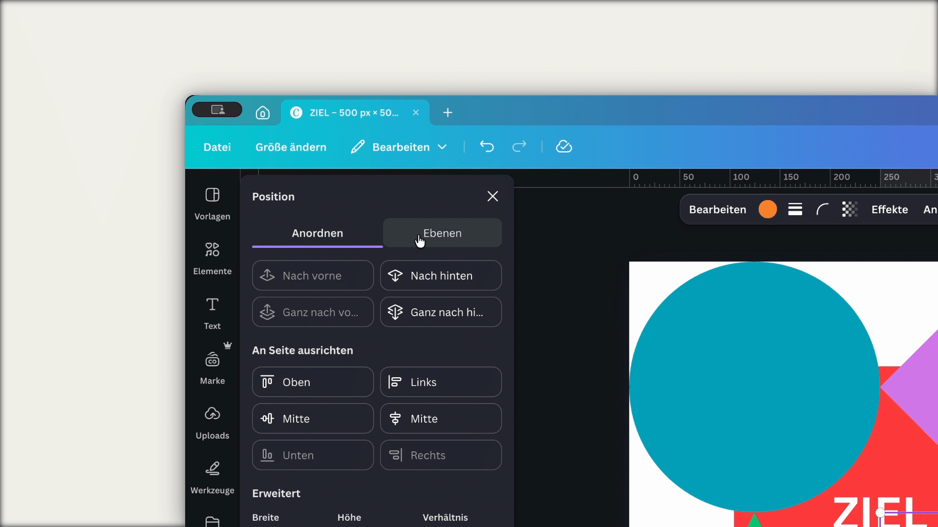 Geöffnetes Canva-Panel Position mit dem Tab Ebenen