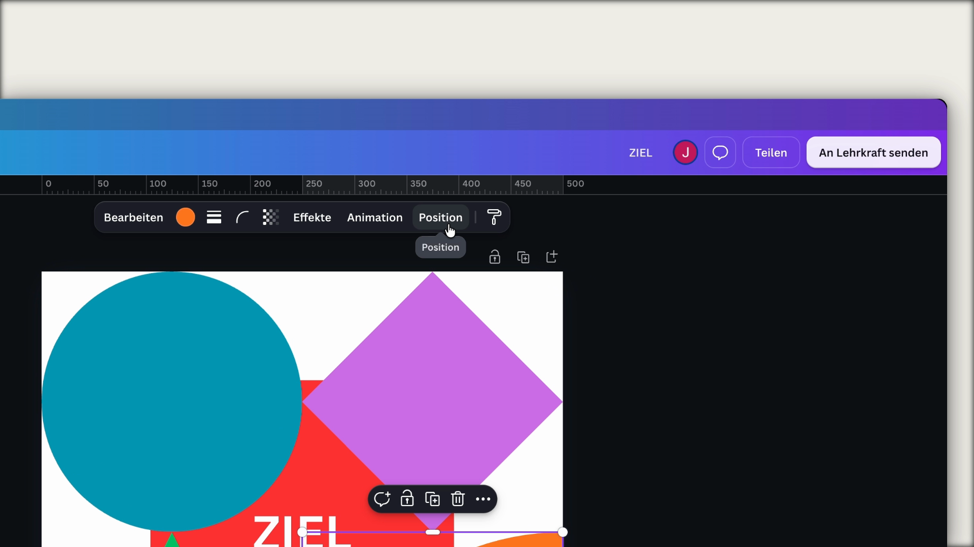 Canva-Editor mit markiertem Button Position in der oberen Werkzeugleiste