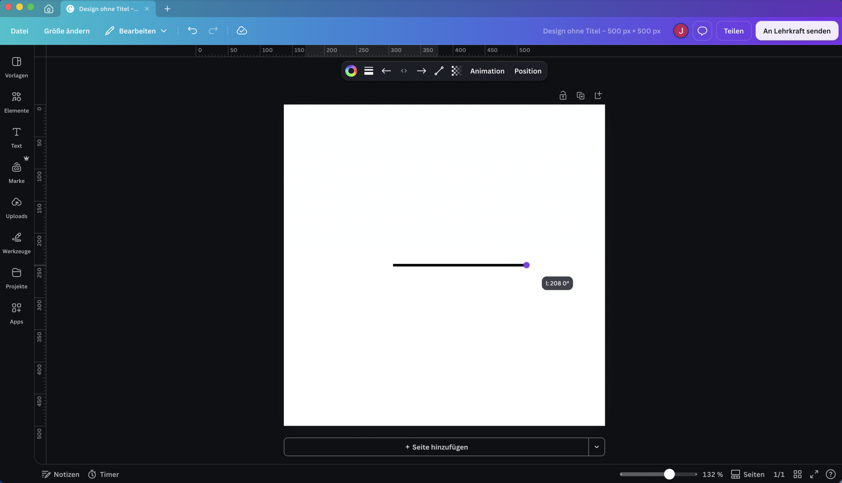 Mit shift grdrückt gehalten kann man in Canva eine Linie gerade zeichnen